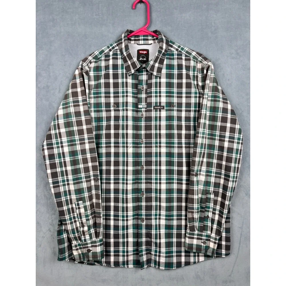 Wrangler Outdoor Mens Green Black Plaid Long Sleeve Button Down Shirt NWP25JB L